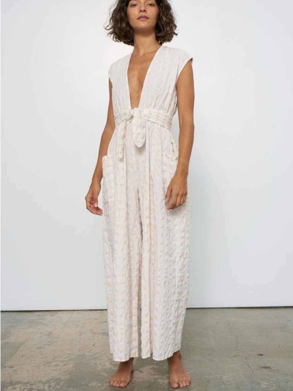 MARA HOFFMAN whitney jumpsuit white sands windowpane vacation resort size M